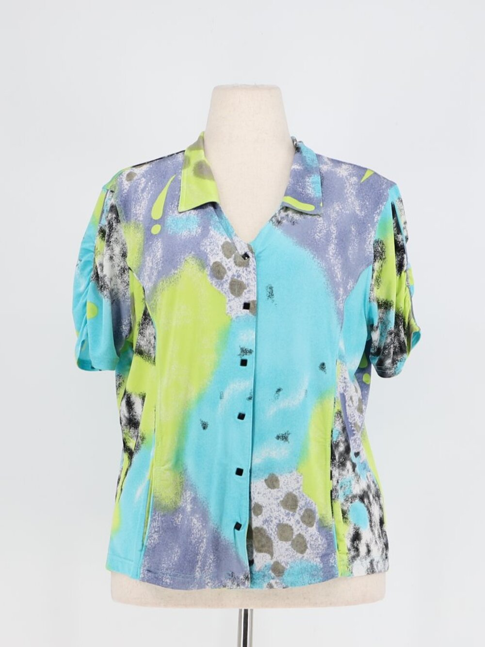 JAMIE SADOCK Abstract Print Stretch Golf Top Button Front Turquoise Lime Size XL